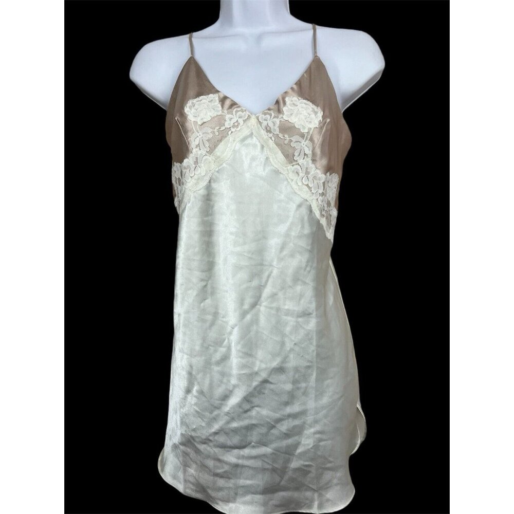 Vtg Y2K Delicates‎ Chemise Slip Dress Lingerie M Cream Beige Lace Silky Coquette